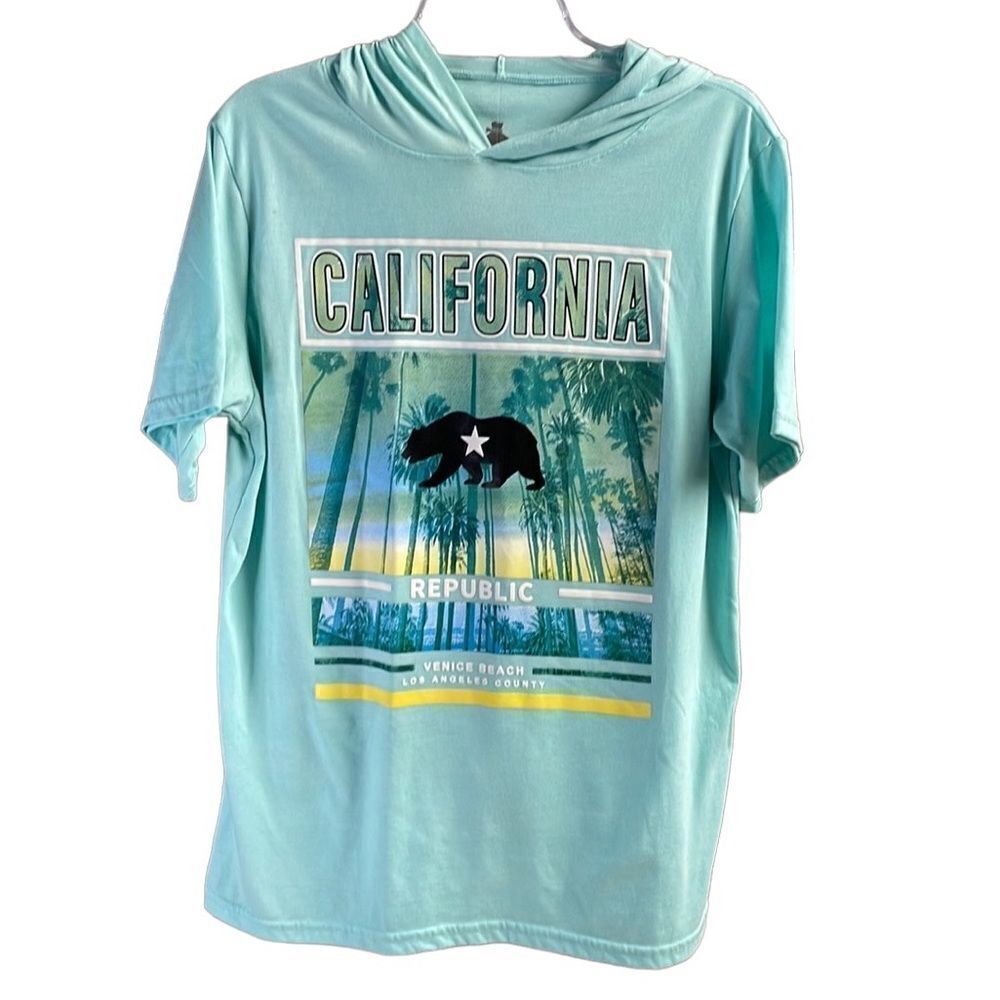 LAUNDER Ladies Hooded Short Sleeve Tshirt California Venice Beach Green Size Med